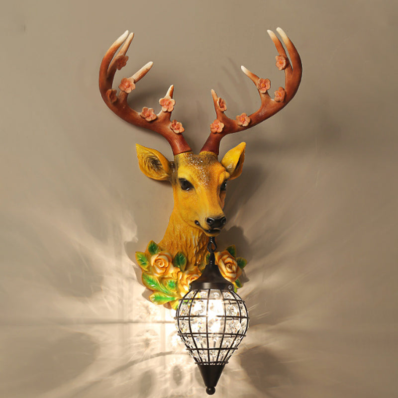 Faceted Crystal Sphere Wall Sconce Light - Black/White 1-Head Wall Lamp with Elk Decor in Grey/Yellow