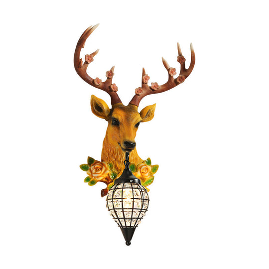 Faceted Crystal Sphere Wall Sconce Light - Black/White 1-Head Wall Lamp with Elk Decor in Grey/Yellow