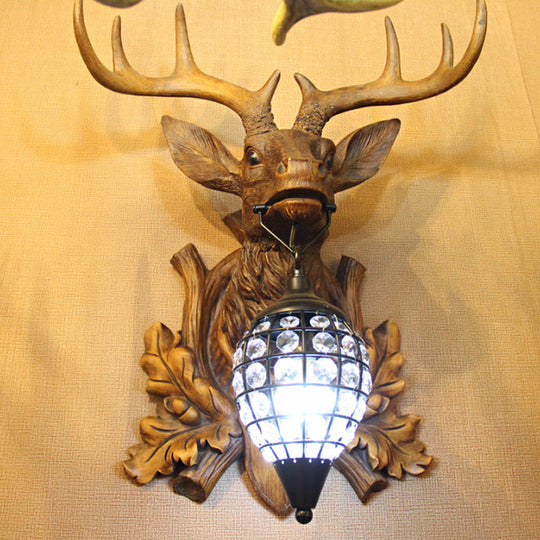 Classic Resin Deer Head Wall Sconce with Clear Teardrop Crystal Shade