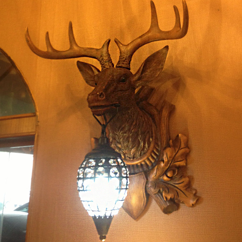 Classic Resin Deer Head Wall Sconce with Clear Teardrop Crystal Shade