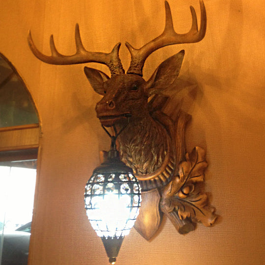 Classic Resin Deer Head Wall Sconce with Clear Teardrop Crystal Shade