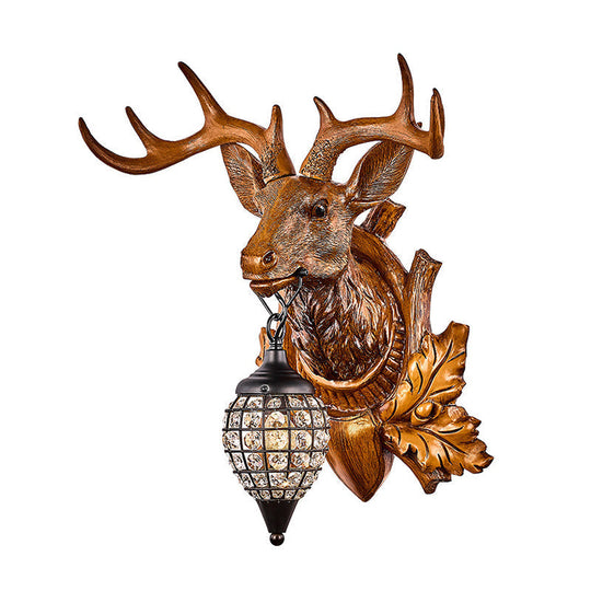 Classic Resin Deer Head Wall Sconce with Clear Teardrop Crystal Shade
