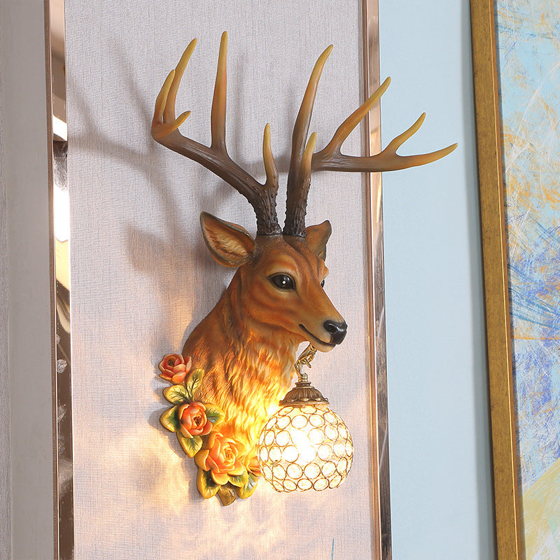 Sika Deer Resin Wall Light: Countryside 1-Head Floral Sconce with Crystal Shade - White/Brown/Bronze