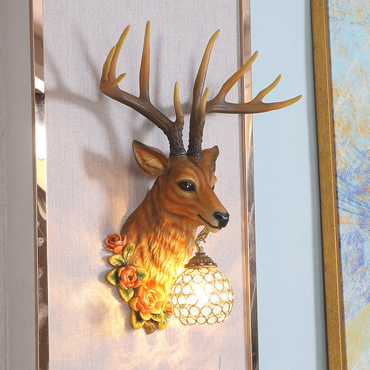 Sika Deer Resin Wall Light: Countryside 1-Head Floral Sconce with Crystal Shade - White/Brown/Bronze