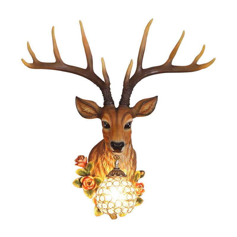 Sika Deer Resin Wall Light: Countryside 1-Head Floral Sconce with Crystal Shade - White/Brown/Bronze