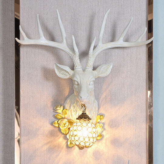 Sika Deer Resin Wall Light: Countryside 1-Head Floral Sconce with Crystal Shade - White/Brown/Bronze