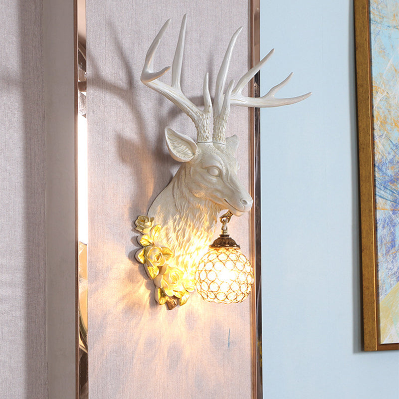 Sika Deer Resin Wall Light: Countryside 1-Head Floral Sconce with Crystal Shade - White/Brown/Bronze