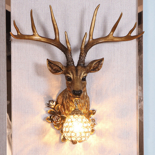Sika Deer Resin Wall Light: Countryside 1-Head Floral Sconce with Crystal Shade - White/Brown/Bronze
