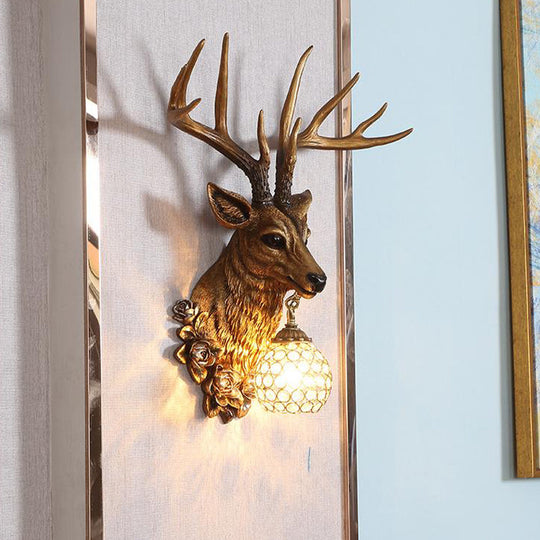 Sika Deer Resin Wall Light: Countryside 1-Head Floral Sconce with Crystal Shade - White/Brown/Bronze