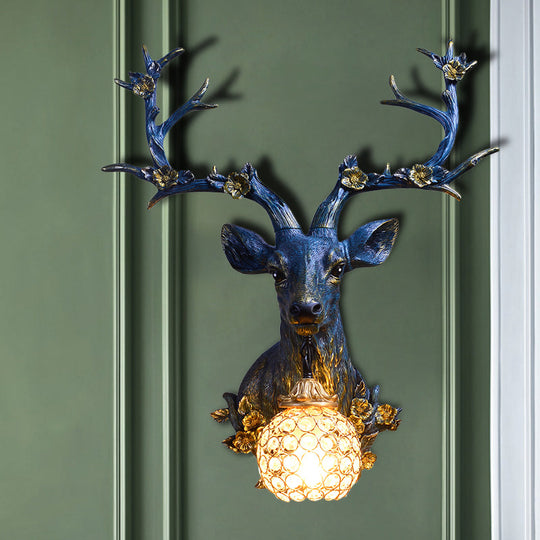 Country Style Resin Deer and Flower Wall Lamp with Faceted Clear Crystal Shade