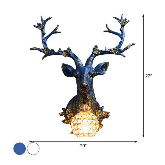 Country Style Resin Deer and Flower Wall Lamp with Faceted Clear Crystal Shade