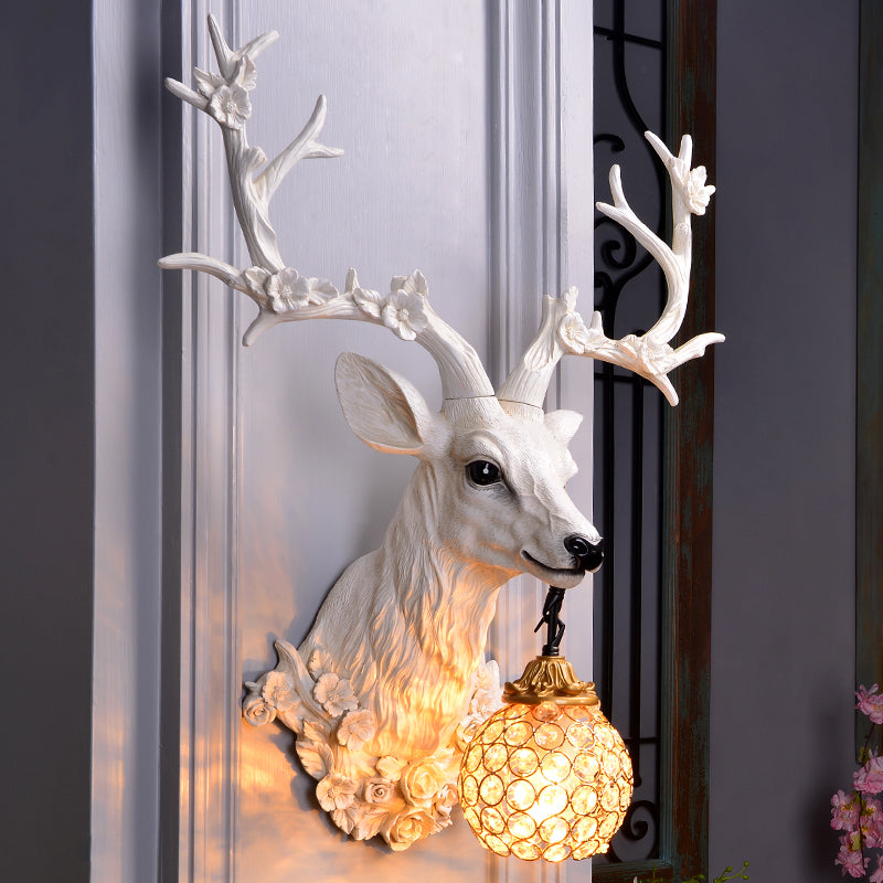 Country Style Resin Deer and Flower Wall Lamp with Faceted Clear Crystal Shade