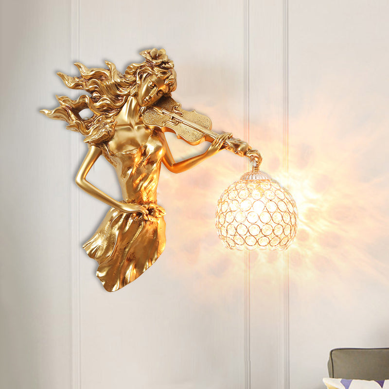 Antiqued Girl with Violin Wall Lamp: Single Bulb Resin Sconce with Clear Crystal Shade in White/Gold