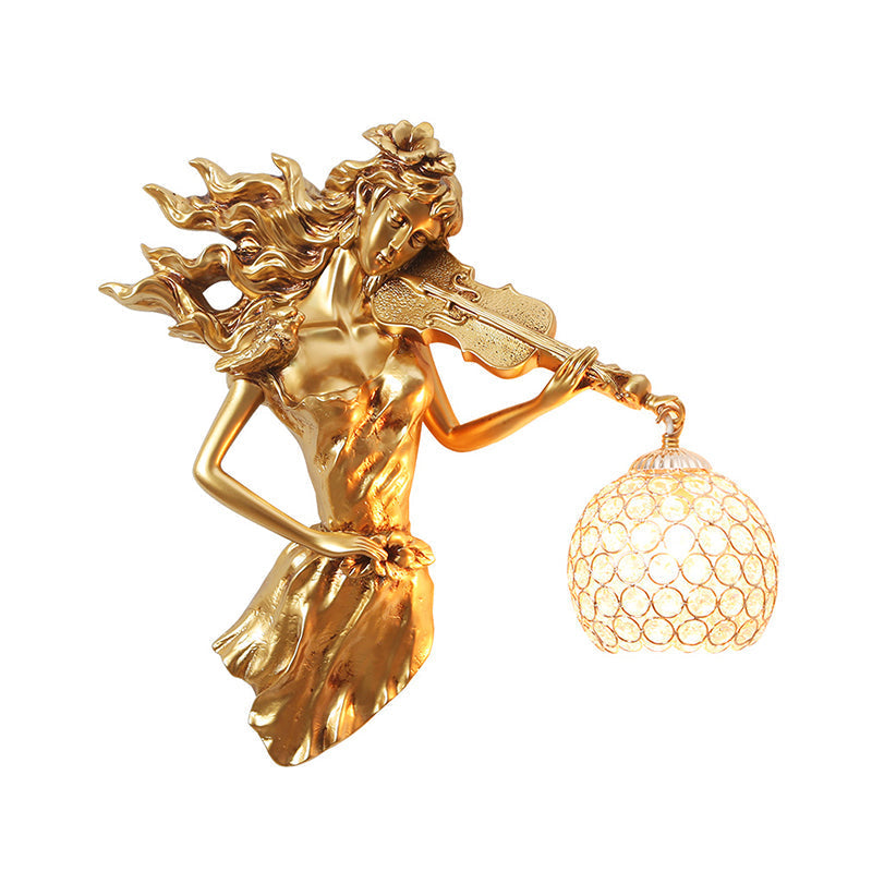 Antiqued Girl with Violin Wall Lamp: Single Bulb Resin Sconce with Clear Crystal Shade in White/Gold
