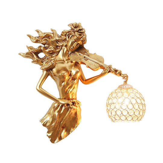 Antiqued Girl with Violin Wall Lamp: Single Bulb Resin Sconce with Clear Crystal Shade in White/Gold