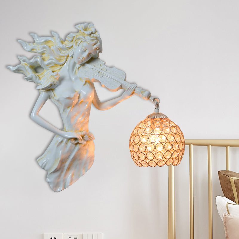 Antiqued Girl with Violin Wall Lamp: Single Bulb Resin Sconce with Clear Crystal Shade in White/Gold