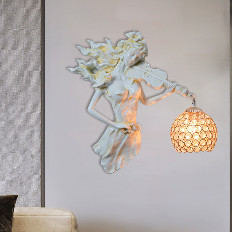 Antiqued Girl with Violin Wall Lamp: Single Bulb Resin Sconce with Clear Crystal Shade in White/Gold