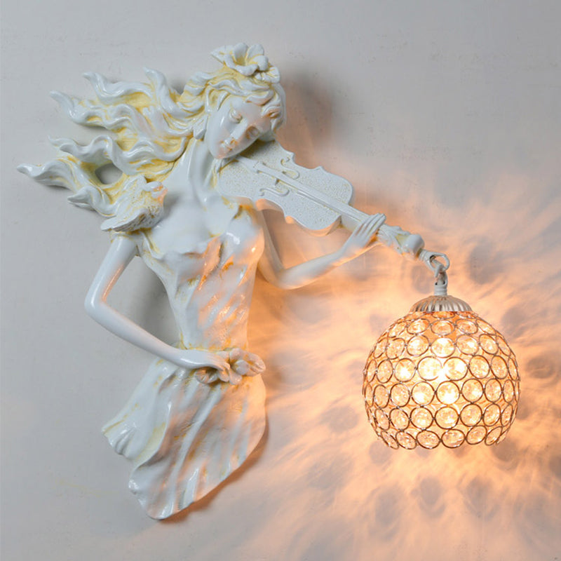 Antiqued Girl with Violin Wall Lamp: Single Bulb Resin Sconce with Clear Crystal Shade in White/Gold