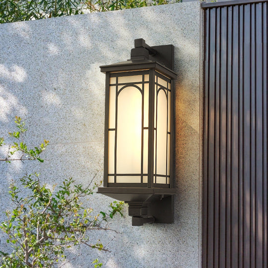 Classic Style Black Lantern Wall Sconce with Opaline Glass - 1-Light Lodge Wall Mount Lighting