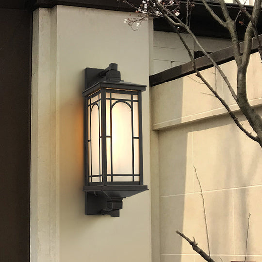 Classic Style Black Lantern Wall Sconce with Opaline Glass - 1-Light Lodge Wall Mount Lighting