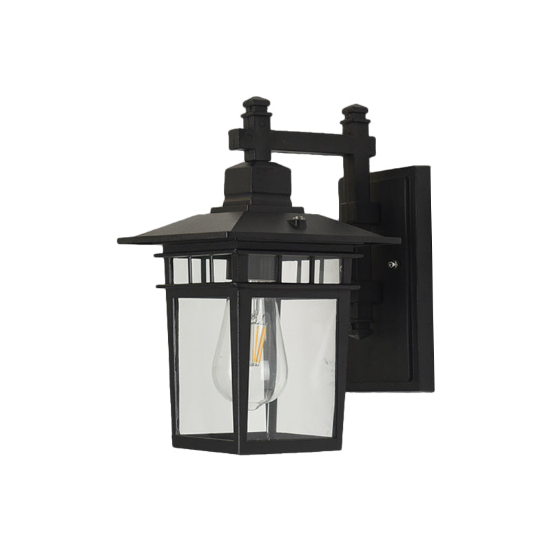 Industrial Outdoor Wall Lamp: Pavilion Clear Glass Wall Mounted Light in Black - 1-Bulb