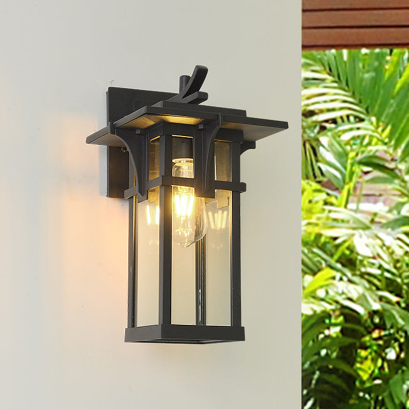 Industrial Outdoor Wall Sconce - Black/Brass Finish, Clear Water Glass, 1-Light