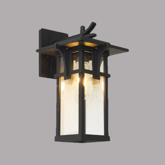 Industrial Outdoor Wall Sconce - Black/Brass Finish, Clear Water Glass, 1-Light