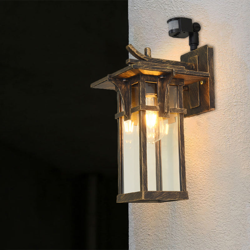 Industrial Outdoor Wall Sconce - Black/Brass Finish, Clear Water Glass, 1-Light