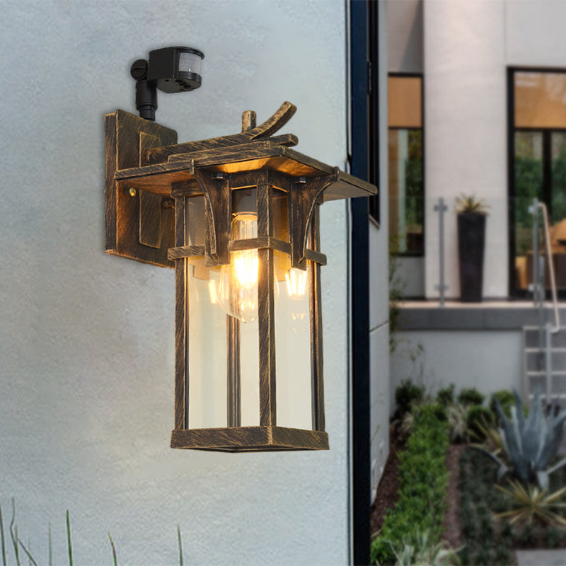 Industrial Outdoor Wall Sconce - Black/Brass Finish, Clear Water Glass, 1-Light