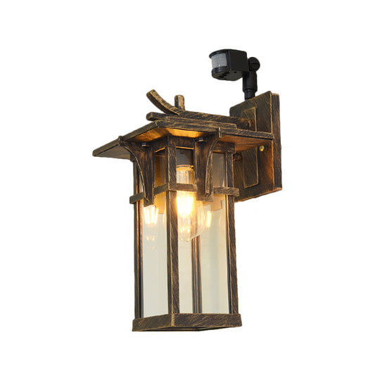 Industrial Outdoor Wall Sconce - Black/Brass Finish, Clear Water Glass, 1-Light