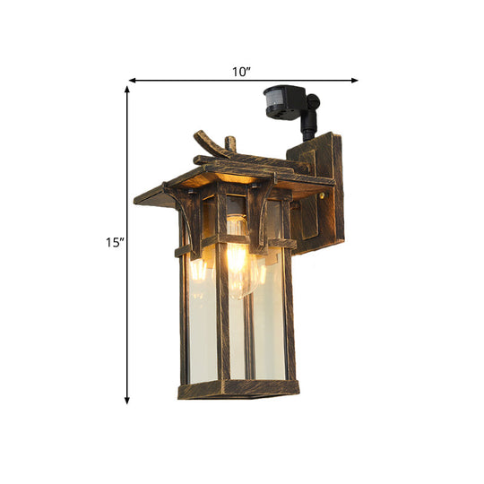 Industrial Outdoor Wall Sconce - Black/Brass Finish, Clear Water Glass, 1-Light