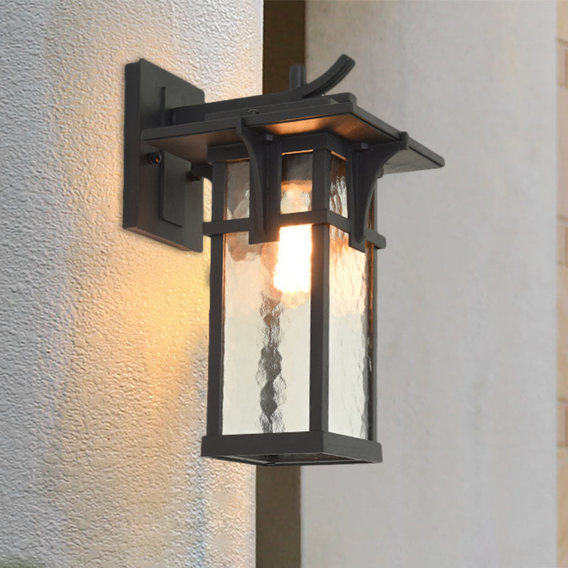 Industrial Outdoor Wall Sconce - Black/Brass Finish, Clear Water Glass, 1-Light