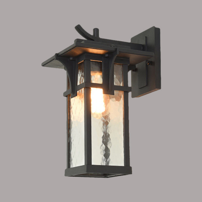 Industrial Outdoor Wall Sconce - Black/Brass Finish, Clear Water Glass, 1-Light