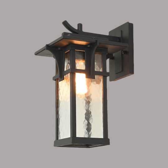 Industrial Outdoor Wall Sconce - Black/Brass Finish, Clear Water Glass, 1-Light