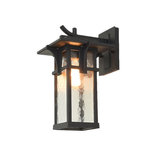 Industrial Outdoor Wall Sconce - Black/Brass Finish, Clear Water Glass, 1-Light