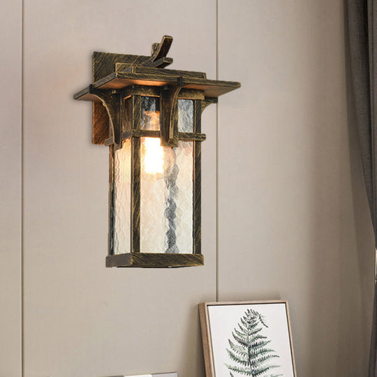 Industrial Outdoor Wall Sconce - Black/Brass Finish, Clear Water Glass, 1-Light