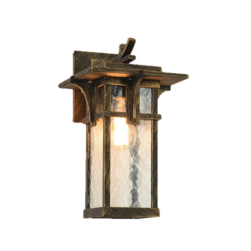 Industrial Outdoor Wall Sconce - Black/Brass Finish, Clear Water Glass, 1-Light
