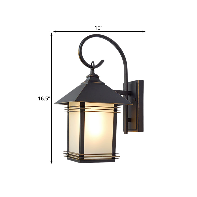 Rustic Black Lantern Wall Lamp: Opaque Glass, Outdoor, 1-Light Fixture