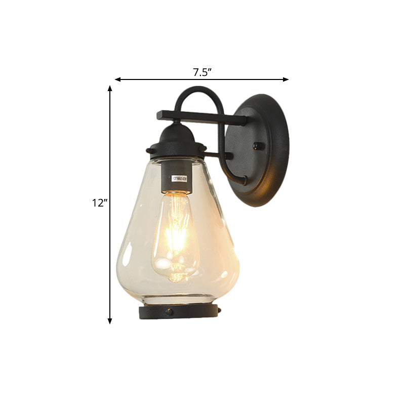 Rustic Cone Wall Mount Lighting - 1-Light Transparent Glass Wall Lamp in Black