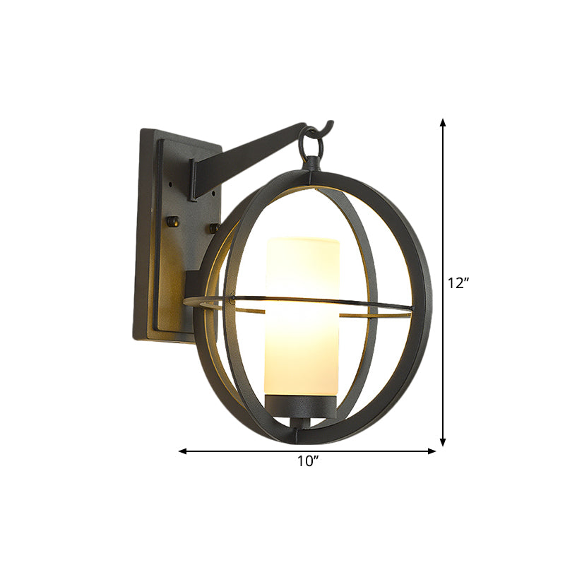 Antique Opaque Glass Wall Lamp for Courtyard - Cylindrical Design, Black Spherical Frame