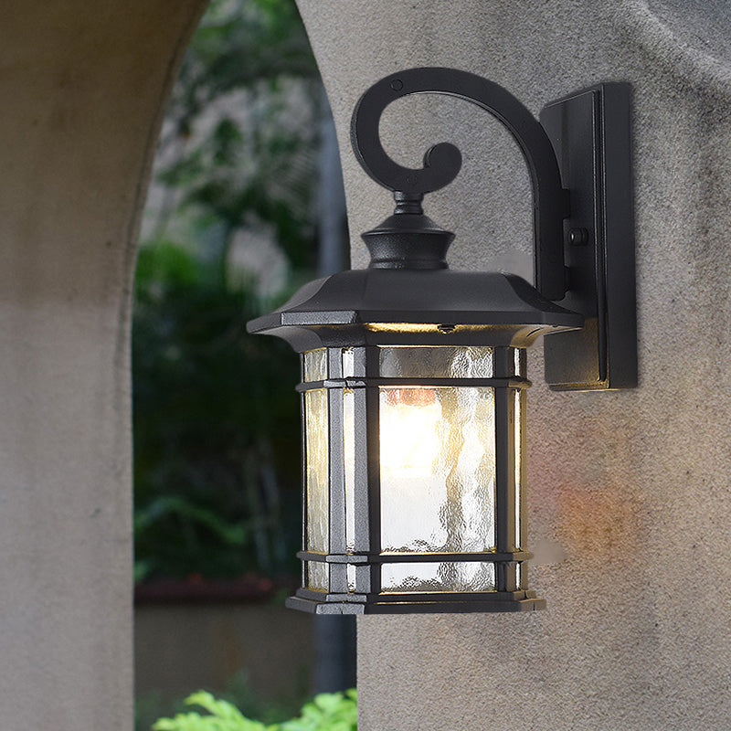 Rustic Water Glass Lantern Wall Mount Light - 8.5"/10.5" Width - Black/Brass Doorway Wall Lamp