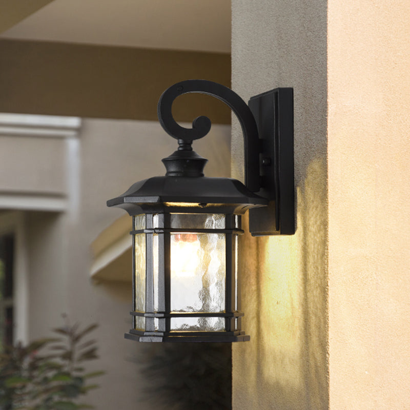 Rustic Water Glass Lantern Wall Mount Light - 8.5"/10.5" Width - Black/Brass Doorway Wall Lamp