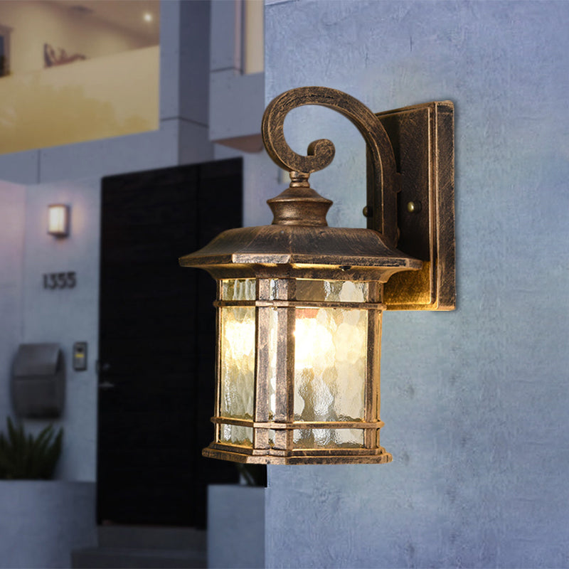 Rustic Water Glass Lantern Wall Mount Light - 8.5"/10.5" Width - Black/Brass Doorway Wall Lamp