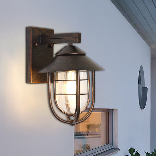 Nautical Outdoor Wall Light with Clear Glass and Metallic Cage - Black 1-Head Wall Mount Lamp