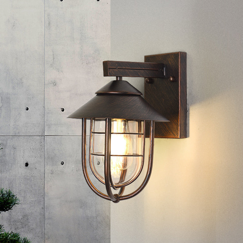 Nautical Outdoor Wall Light with Clear Glass and Metallic Cage - Black 1-Head Wall Mount Lamp