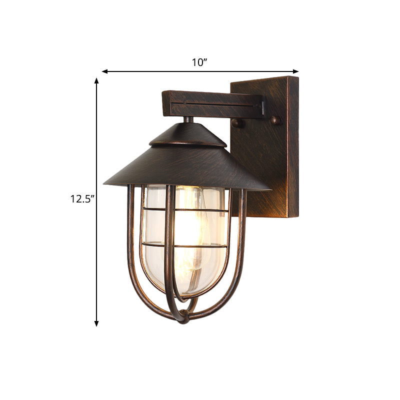 Nautical Outdoor Wall Light with Clear Glass and Metallic Cage - Black 1-Head Wall Mount Lamp