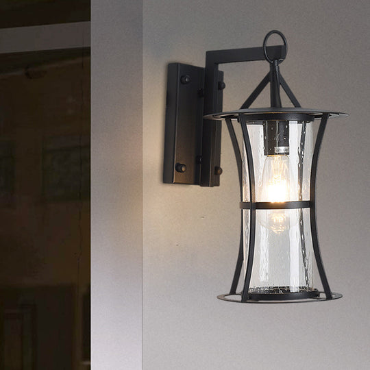 Seedy Glass Retro Wall Light with Curved Frame in Black - Cylinder Design