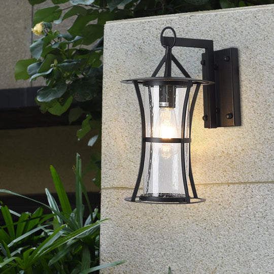 Seedy Glass Retro Wall Light with Curved Frame in Black - Cylinder Design