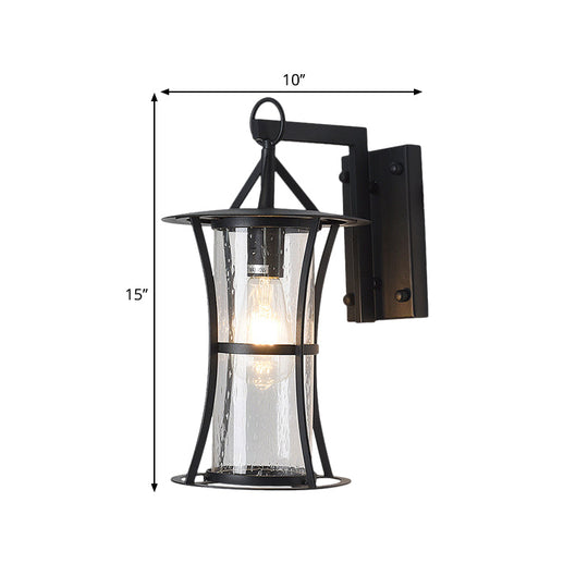 Seedy Glass Retro Wall Light with Curved Frame in Black - Cylinder Design