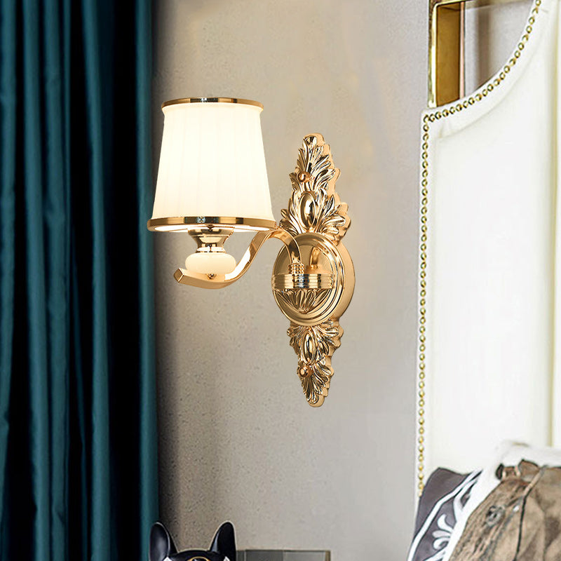 Traditional Cone Bedroom Wall Light Fixture with White Glass & Carved Chrome/Gold Backplate